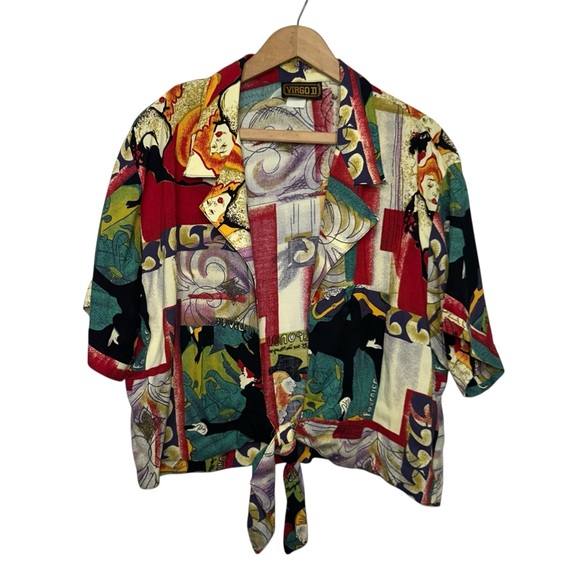 Vintage Tops - VINTAGE 90s Virgo II Multicolor Artwork Faces Collar Crop Tied Hem Top